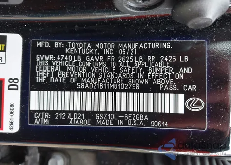 2021 Lexus Es 350 z USA, uszkodzony, nr VIN 58ADZ1B11MU102798